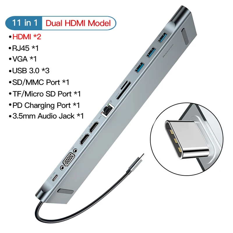 Baseus USB C концентратор все в одном type C к HDMI VGA RJ45 SD/TF кард-ридер аудио конвертер USB разветвитель для Macbook Pro USB-C 3,0 концентратор - Цвет: 11 in 1 usb c hub