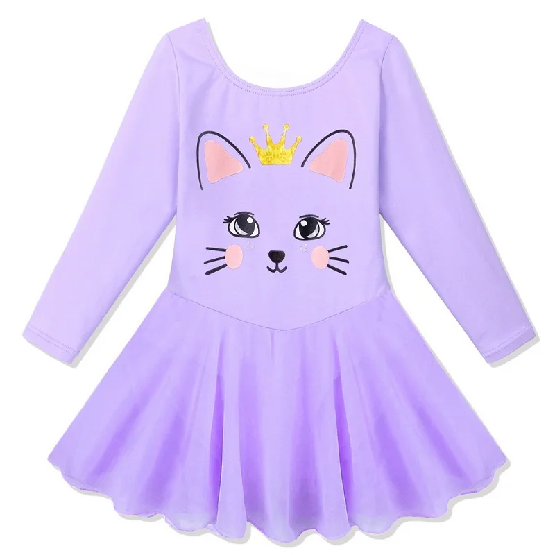 B227 CatPurple BAOHULU/хлопковое балетное платье розовое трико с длинными рукавами и юбкой для детей от 3 до 8 лет, Милые Детские балетные костюмы с котом и лошадкой - Color: B227 CatPurple