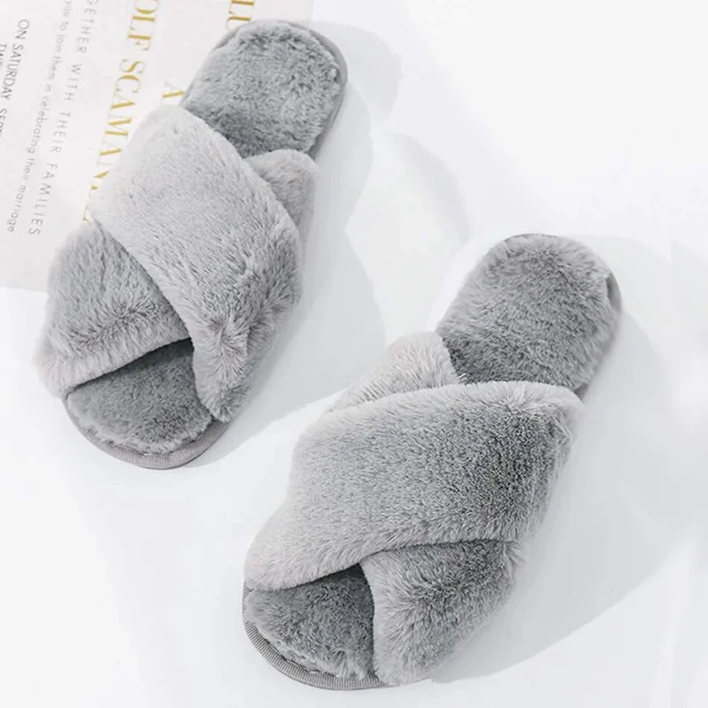 Chaussure Femme Winter Women House Slippers Faux Fur Fashion Warm Shoes Woman Slip on Flats Female Slides Black Pink Home Furry