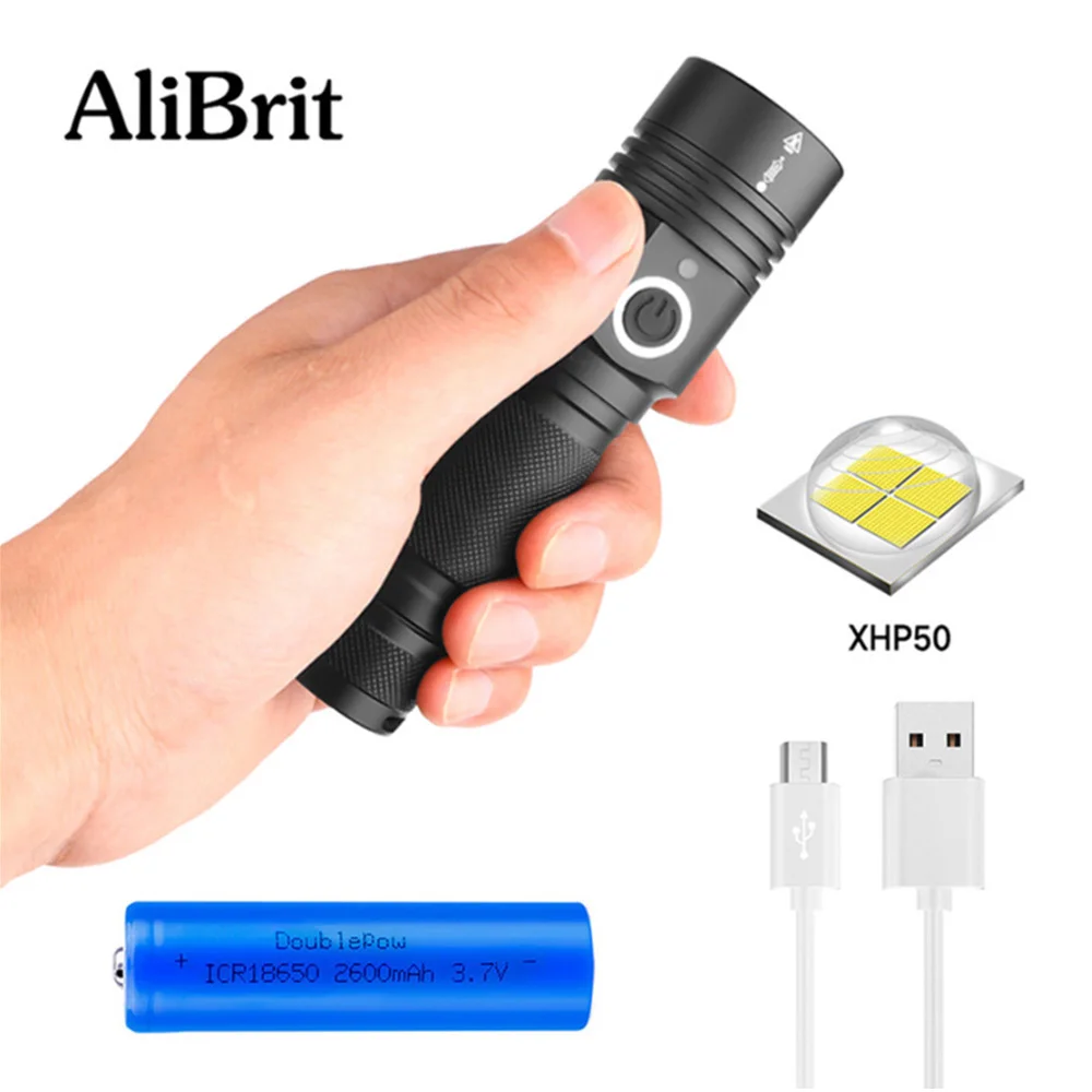 

D50 AliBrit XLamp xhp50 mini powerful led flashlight torch Rechargeable 18650 battery flashlight lantern for camping working