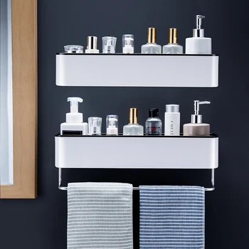 

Shelf Wall Mounted Shampoo Shower Shelves Holder Kitchen Storage Rack Organizer Towel Bar Bath Accessories Bathroom