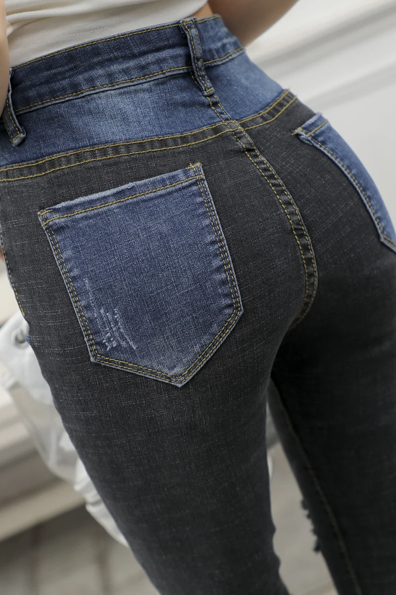 Patchwork Denim Jeans For Female High Waist New stitching bump Color Elastic Jeans Foot a Pencil Jeans