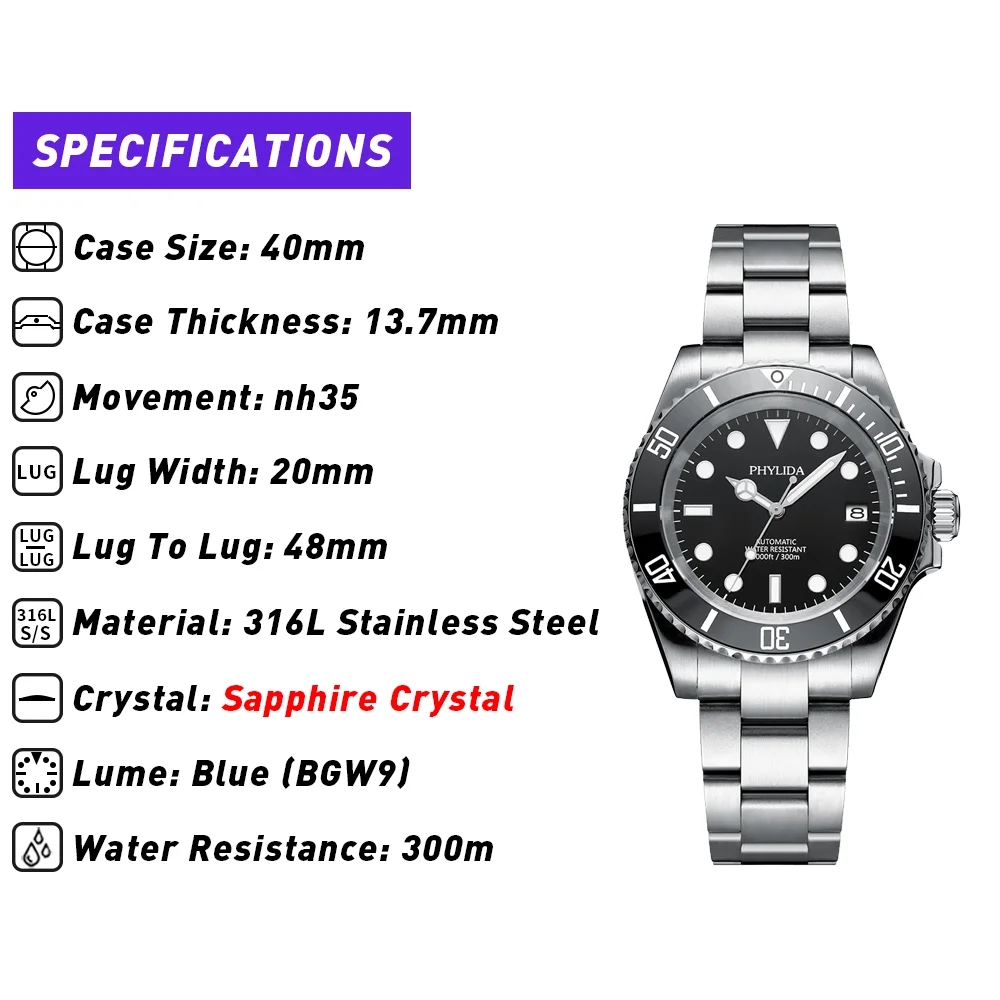 US $124.10 NEW 300M Water Resistant 40mm Mens Black Diver Watch Automatic Nh35 Movement Sapphire Crystal SUB Homage