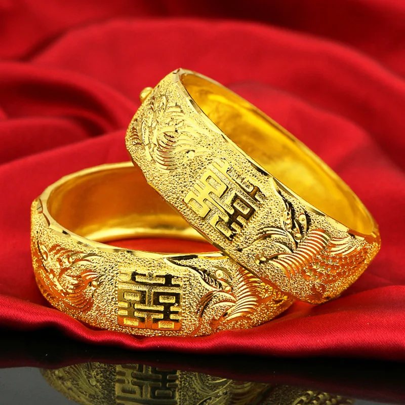 

24k Yellow Gold Plated Bracelets for Women Classical Gold Dragon Phoenix Bridal Matte Bracelet Wedding Anniversary Jewelry Gifts