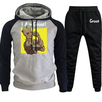 

Mens Hooded Raglan Sportswear I AM GROOT New Autumn Winter Casual Suit Male Pullover Fleece Hip Hop Hoodies+Pants 2 Piece Set