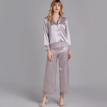 

Pajama Sets Silk Womens Solid Color Satin Button-Down Pajamas Set Bride Sleepwear Nightwear Femme pyjama Home Summer Nightsuit