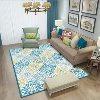 

American Pastoral style Blue green yellow pattern big size 1.6x2.3m living room carpet plush non-slip bathroom rug bedroom mat