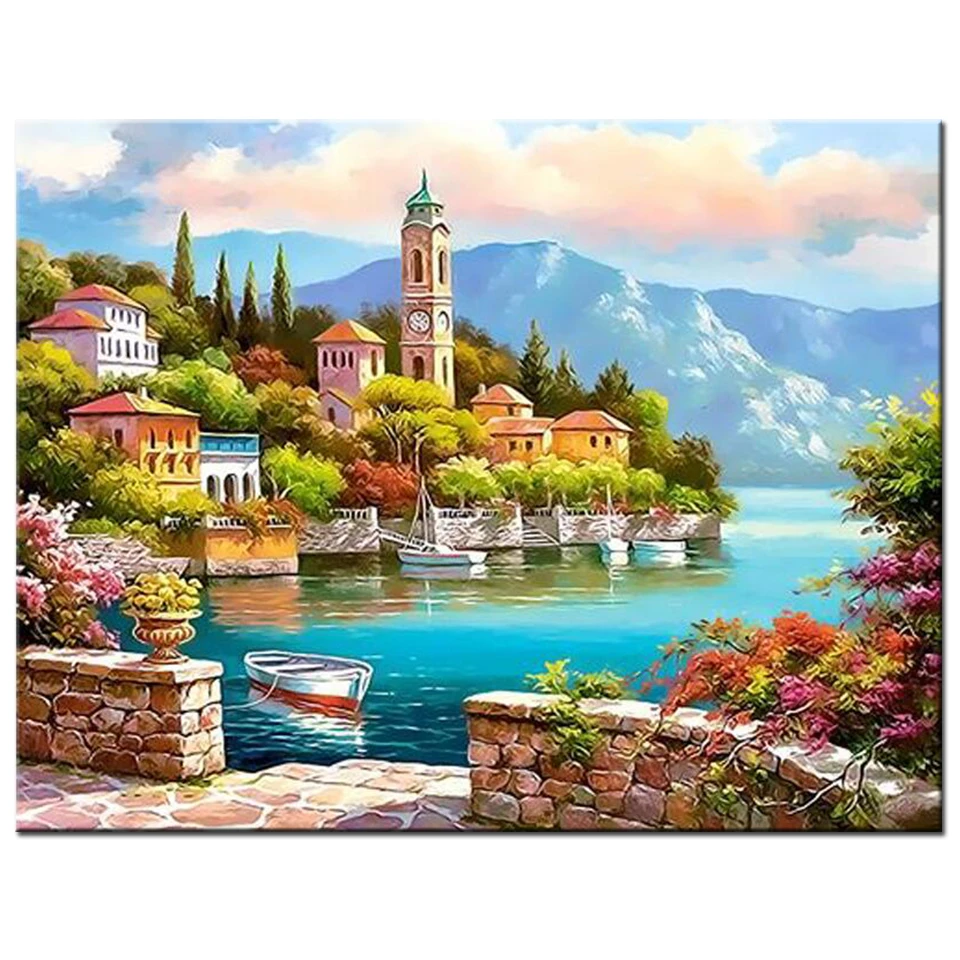 diamond mosaic set Coastal scenery Diamond Painting Cross Stitch city Mediterranean landscape Full round Drill Embroidery sale,