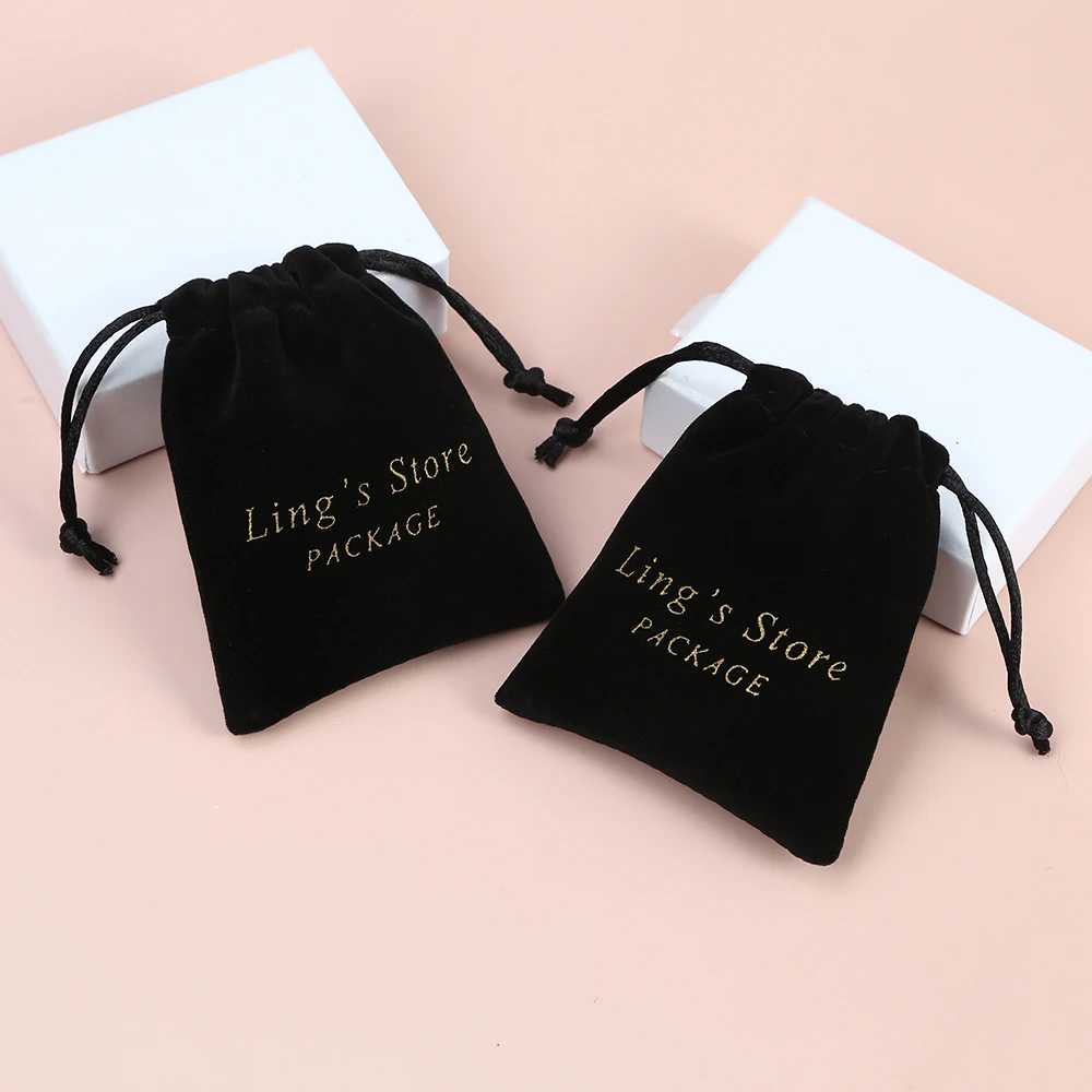 50Pcs/Lot Custom Logo Jewelry Drawstring Pouch Pocket Purse Black Velvet Gift Bag for Cosmetic Sample Earrings Necklace Pendant