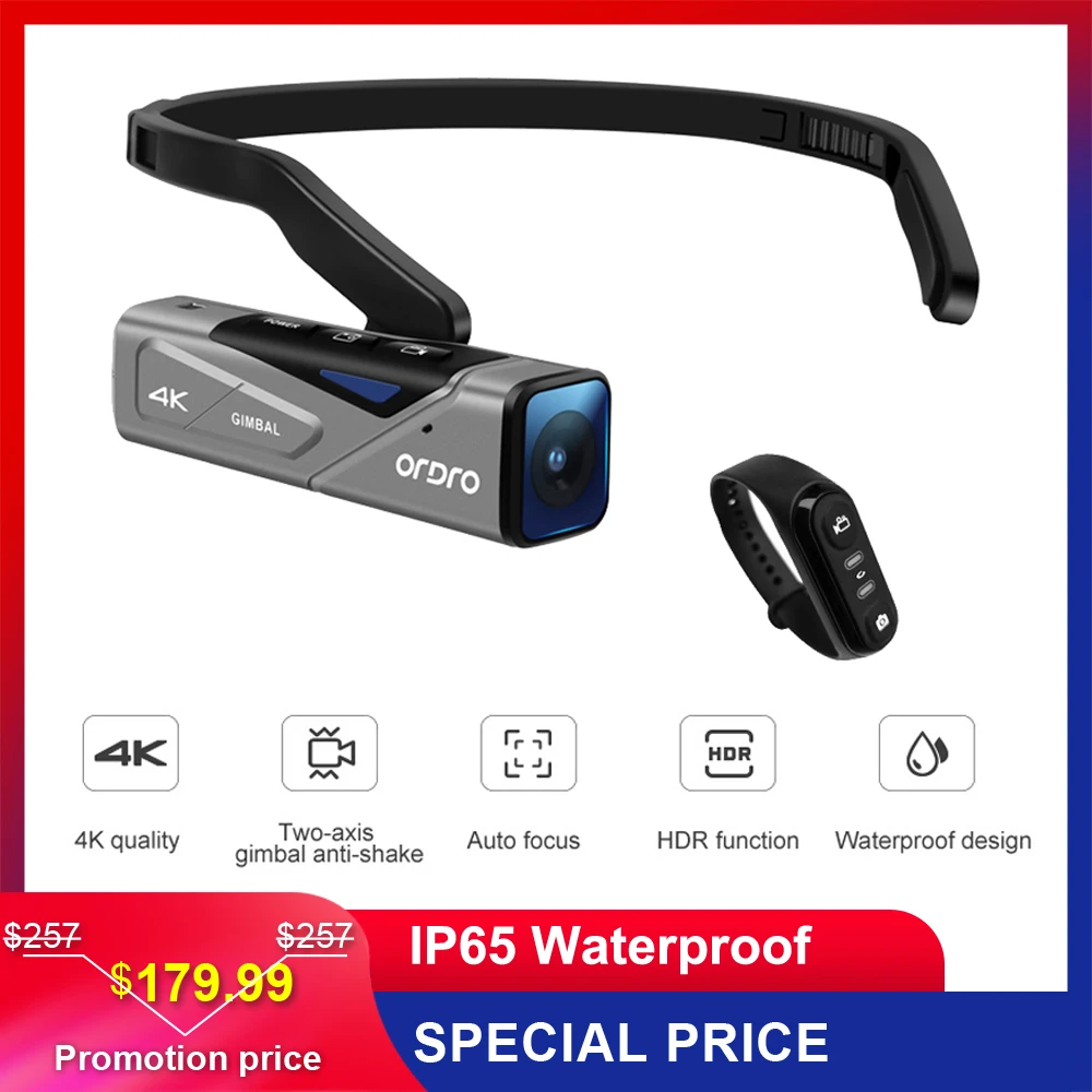 US $179.99 Head Wearable 4k 60fps Video Camera Hands Free App Control Autofocus Built In 2 Axis Gimbal Anti Shake With Remote Control