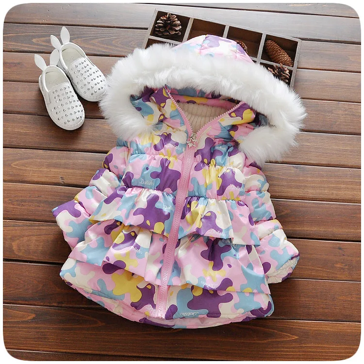 purple lace Новинка года, модные зимние детские куртки и пальто с капюшоном и цветочным принтом Одежда для маленьких девочек верхняя одежда для малышей теплое пальто для детей возрастом от 1 года до 3 лет - Цвет: purple lace