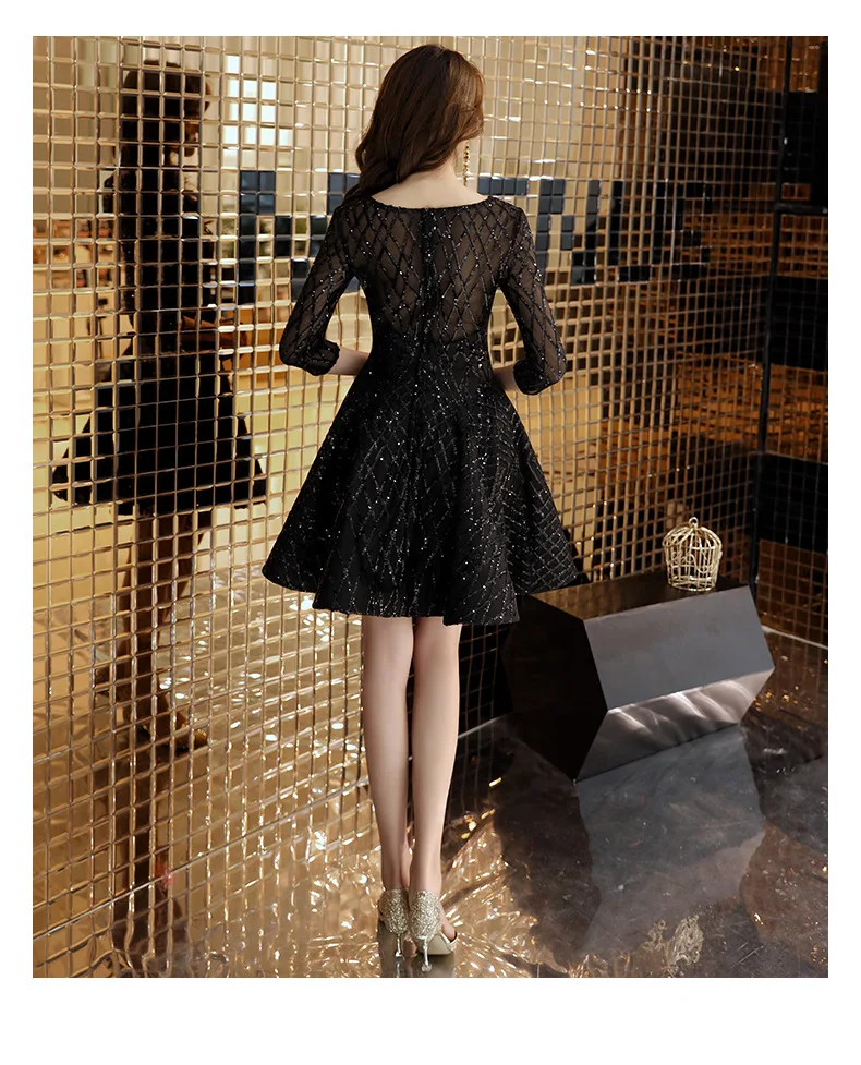 KAUNISSINA A-Line Cocktail Dress Sequins Black Party Gown 3/4 Sleeve Short Banquet Party Prom Dresses Homecoming Robes