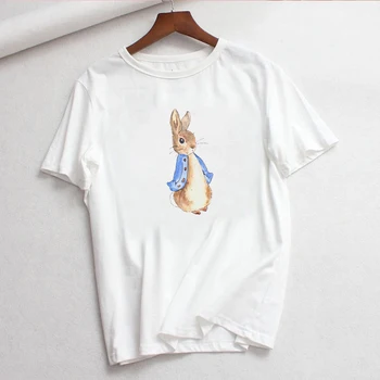 

LUSLOS cute kawaii rabbit petter printed t shirt women tshirt summer short sleeve casual white t-shirts women clothes streetwear