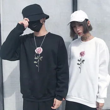 

Fashion Rose Print Couple Sweatshirt O-neck Loose Plus Velvet Pullovers Autumn Winter Long-sleeved Sweatshirts