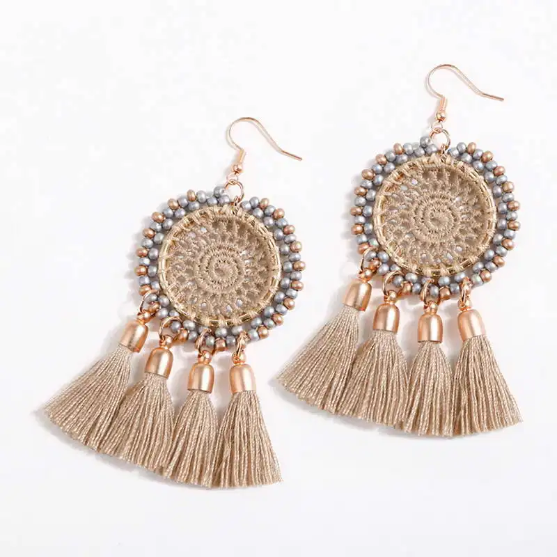

ZWPON 2019 New Fall Weave Beaded Round Lace Tassel Dangle Earrings for Women Big Statement Earrings Christmas Gifts Wholesale