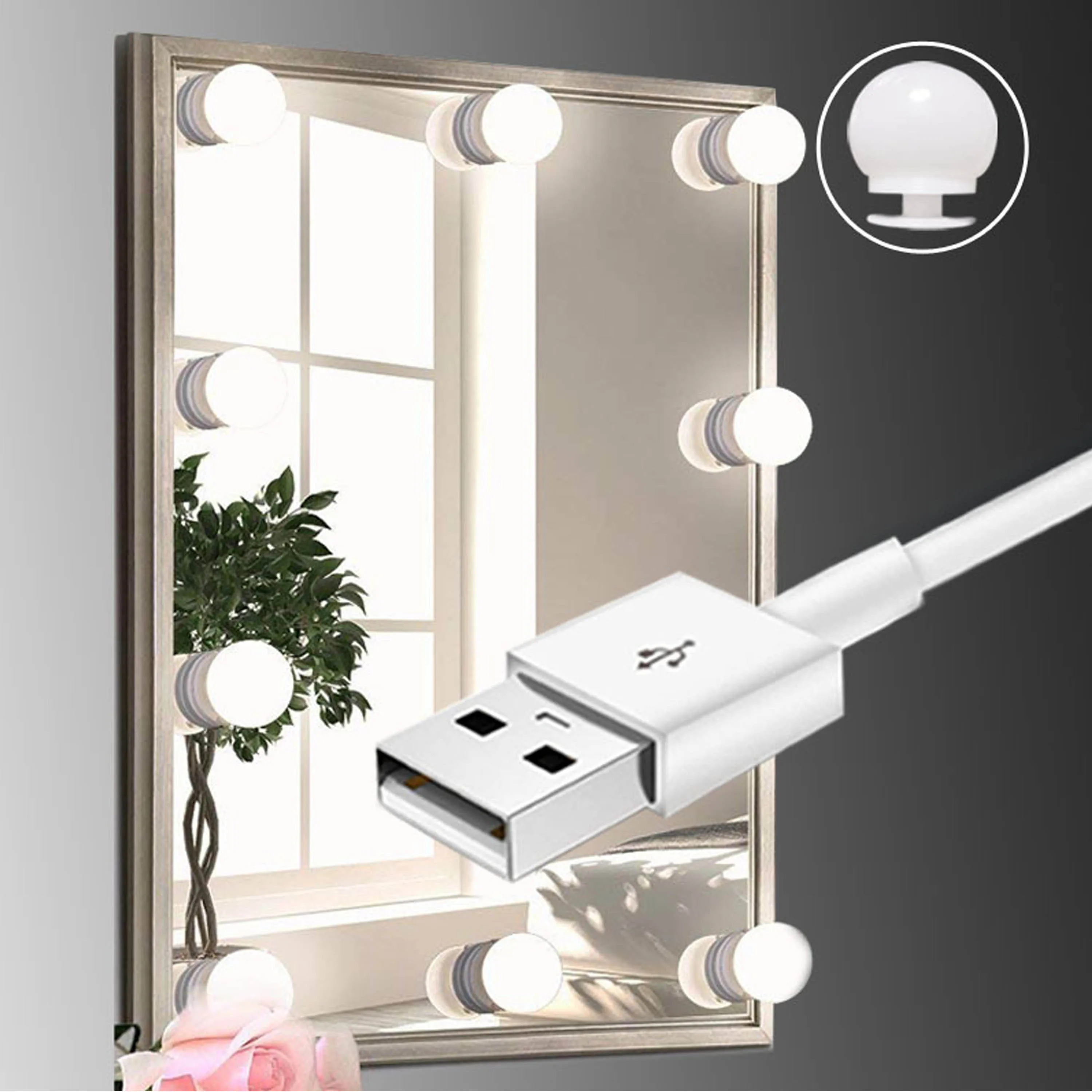 

Super Brighting Hollywood usb bathroom mirror lamp LED bulbs paste section button dimming light string 5V LED light Coldwhite