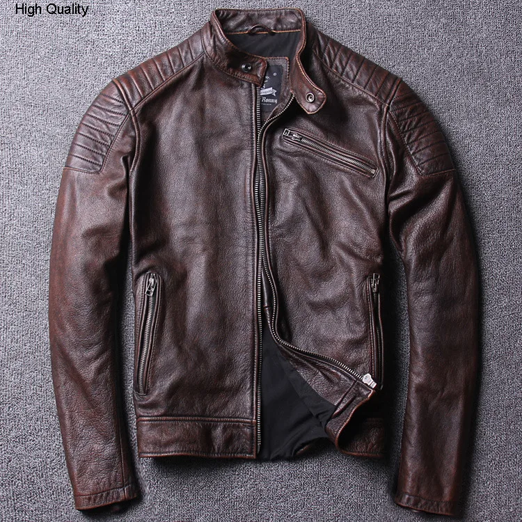 

Halley Men's Genuine Leather jacket Retro vintage Red-brown cowhide coat Stand collar Slim short Motorcycle clothing winter