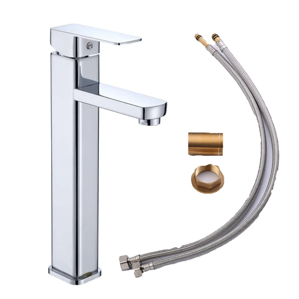 

Cold/Hot Bathroom Waterfall Basin Sink Faucet Chrome Polish Single Handle Water Taps with 2 Water Hoses Connector Deck-mounted