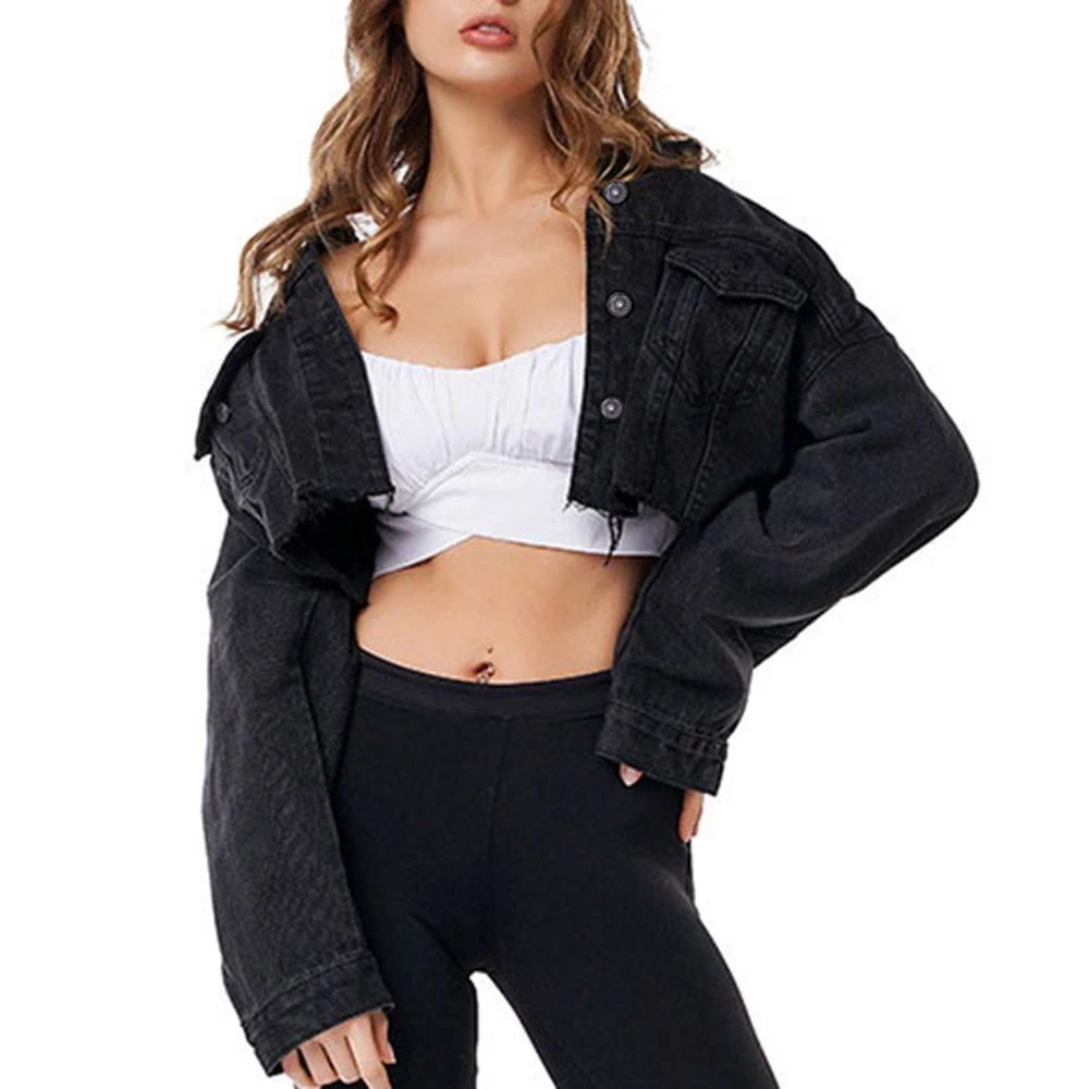 

Women Short Denim Jacket Hem Frayed Ripped Crop Streetwear Femme High Street Single Breasted Retro Crop Coat clothing female