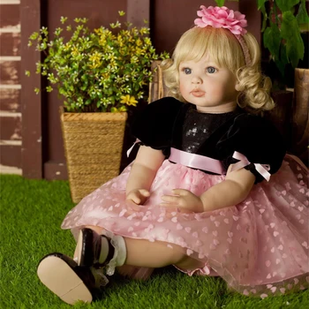 

24" Beautiful Simulation Baby Golden Curly Girl Wearing Black Powder Skirt Doll