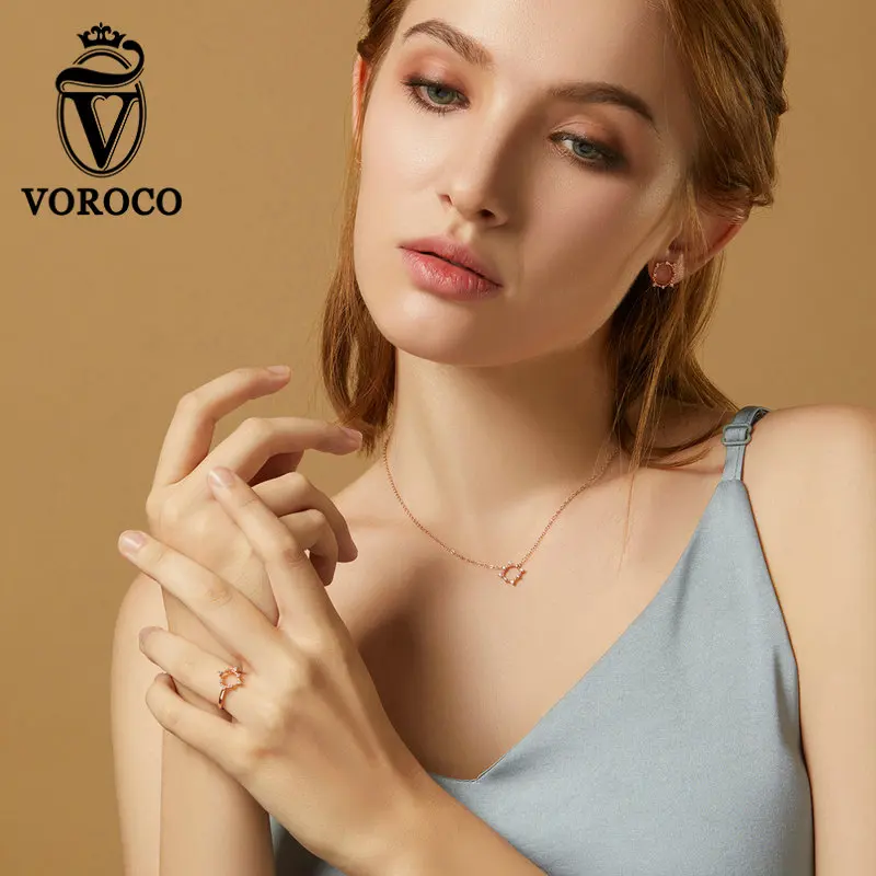 VOROCO ZBS180 925 пробы комплект серебряных ювелирных изделий, розовое золото, сияющий круг, кольцо и серьги и ожерелье, женский ювелирный набор