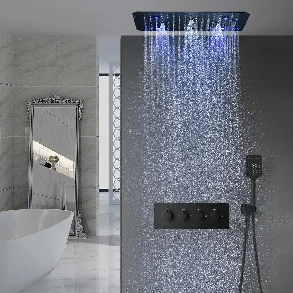 

JIE JU Modern LED 3 functions Shower set SUS304 Rainfall Massage concealed Matt black 20 inch ceiling thermostatic Shower set