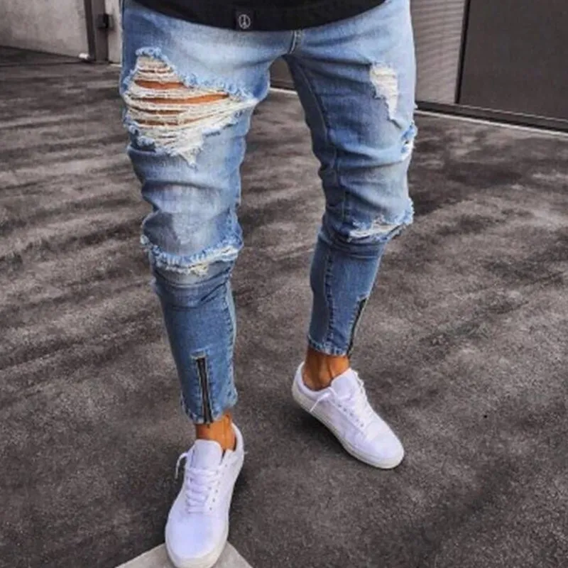

12 Biker Jeans Men's Distressed Stretch Ripped Biker Jeans Men Hip Hop Slim Fit Holes Punk Denim Jeans Cotton Pants Zipper jeans