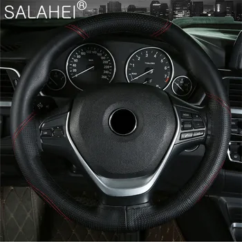 

New DIY 38cm Four Seasons Universal Top Layer Leather Material Embossed Double Thread Durable Steering Wheel Cover Car Accessory