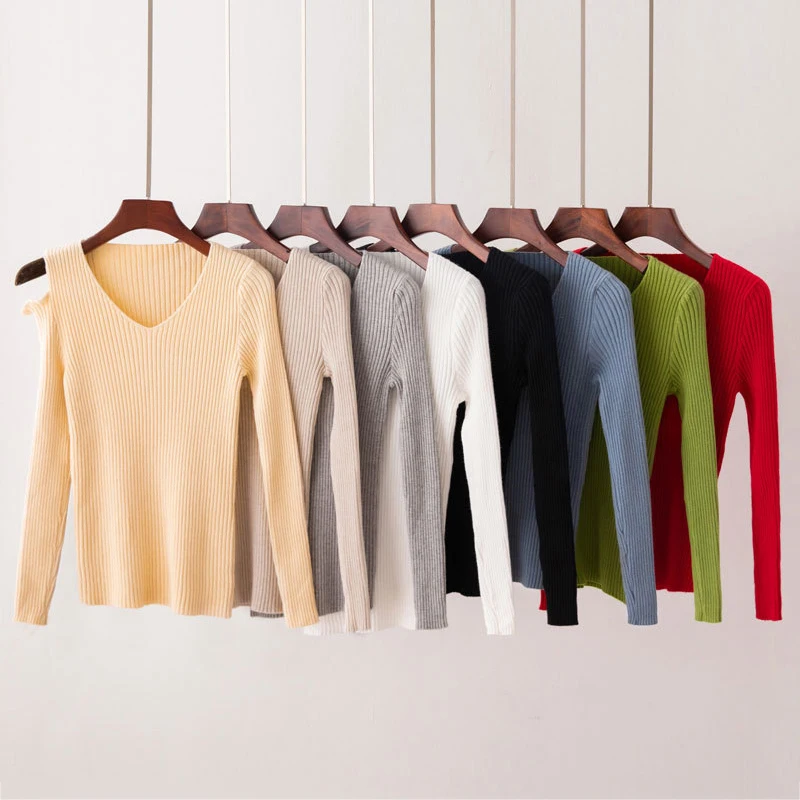 

New Korean Style V-neck Long Sleeve Off The Shoulder Slim Sweater Fashion Sexy Solid Color Casual Women's Knit Pullover