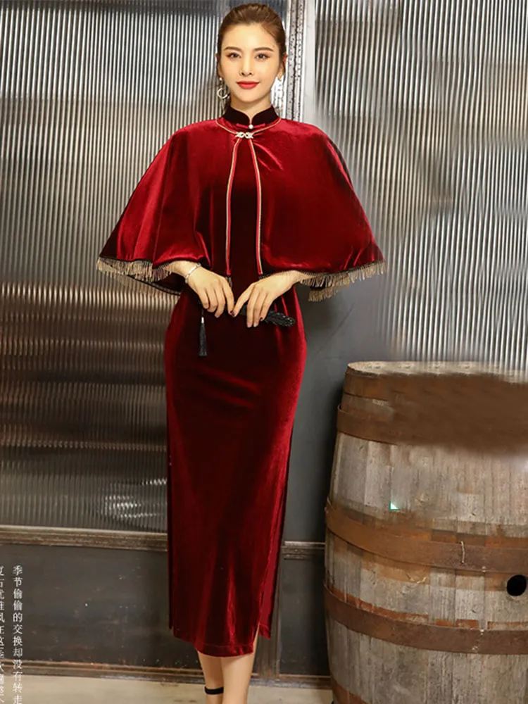 Cheongsam элегантное платье бархат шаль Ruched Бедра разрез сексуальные Клубные тонкие платья без рукавов темперамент европейские американские тенденции