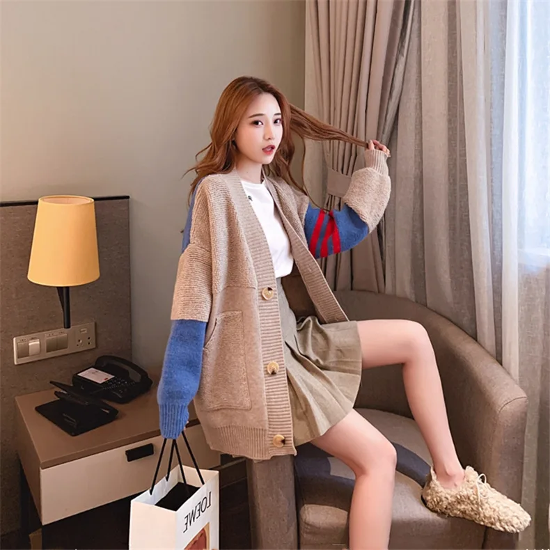 Корейская мода модного цвета, в стиле пэчворк вязаный кардиган негабаритных букв Emborodiary длинный рукав кардиганы Женская верхняя одежда