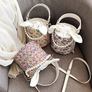 

Fashion Pearl Lady Round Material Crossbody Bucket Bag Lady Leather Handbag Shoulder Messenger Bag White