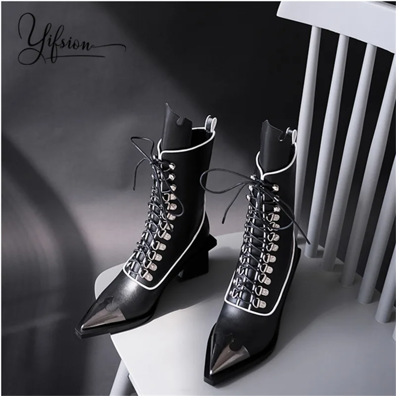 

OLOME New Black Genuine Leather Women Motorcycle Boots Pointed Toe Lace Up Thick Heel Women Autumn Winter Boots Shoes Women