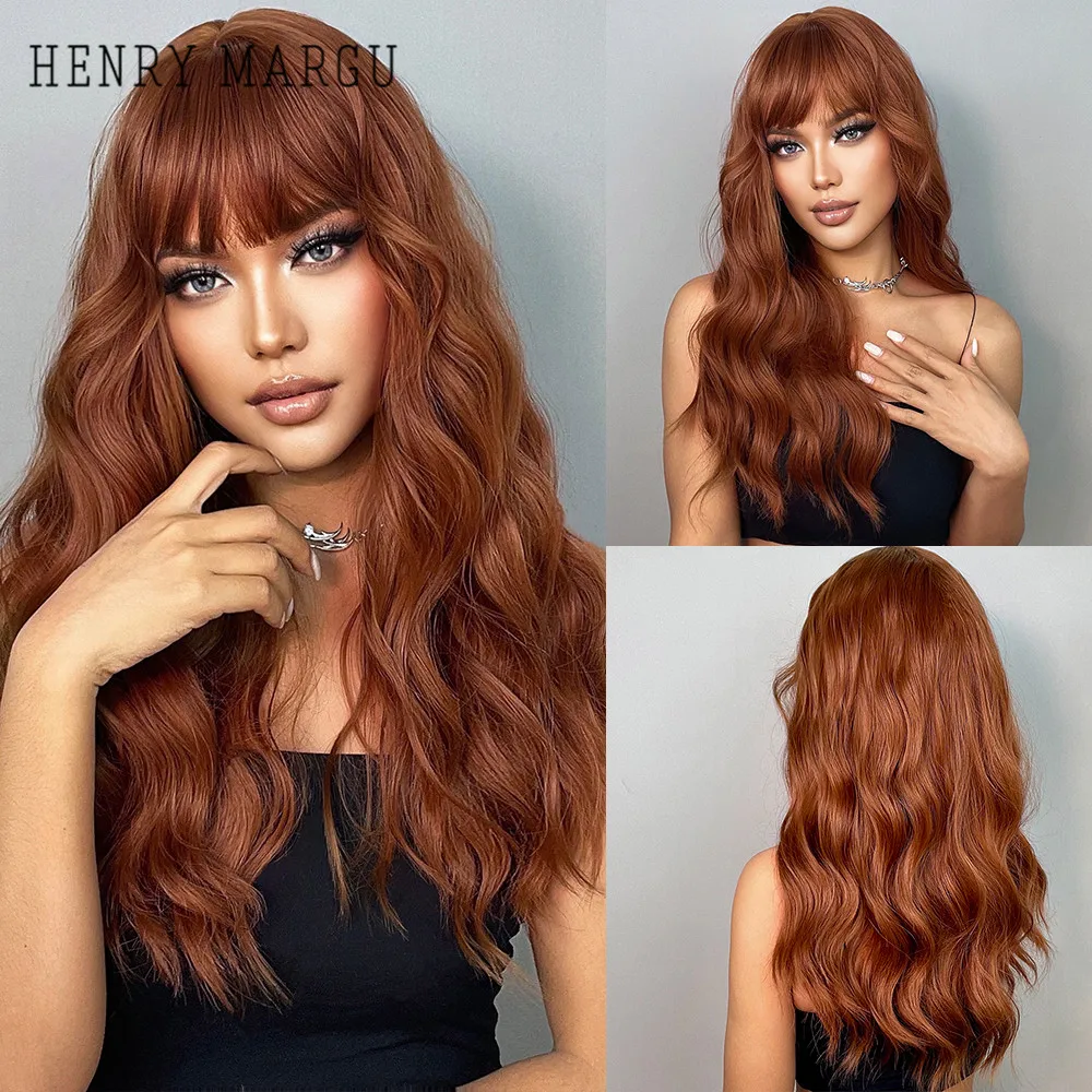 HENRY MARGU Long Wavy Auburn Red Synthetic Wigs with Bangs Kinky Curly Natural Hairs for Daily Cosplay Party Heat Resistant Wigs