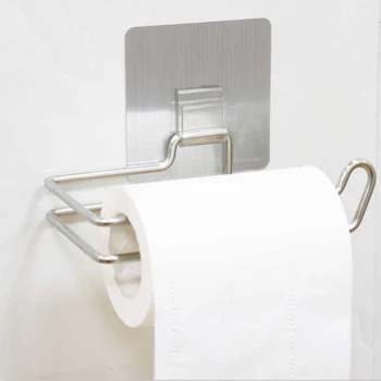 

Silver Stainless Steel Paper Holder Bathroom Kitchen Creative Free Punch Towel Rack Bathroom Storage Sticky Hook