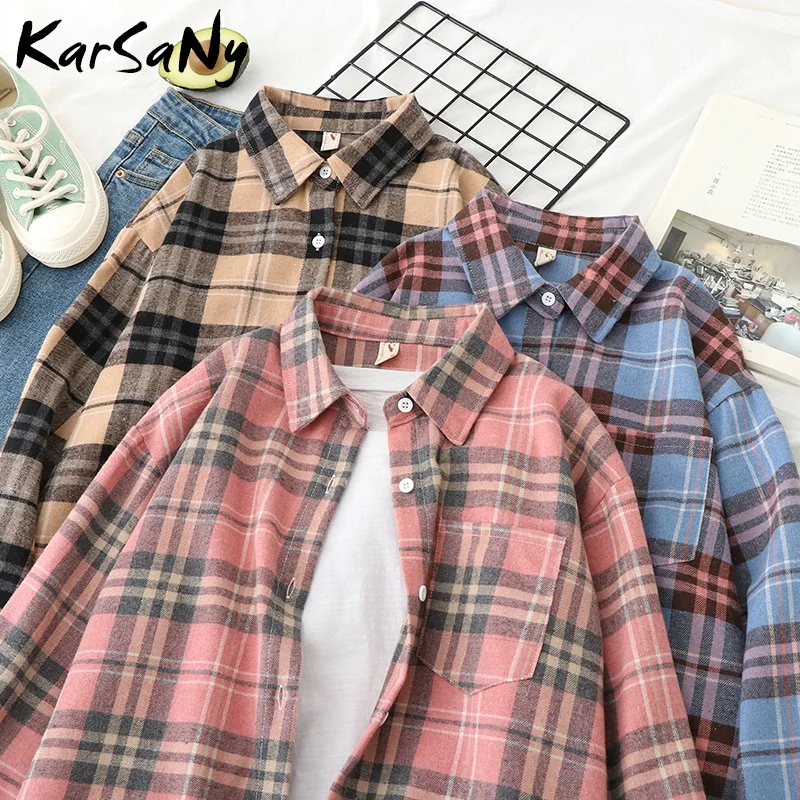 Plaid Shirt Tops Long-Sleeve Office Women Coat Loose Ladies Karsany And