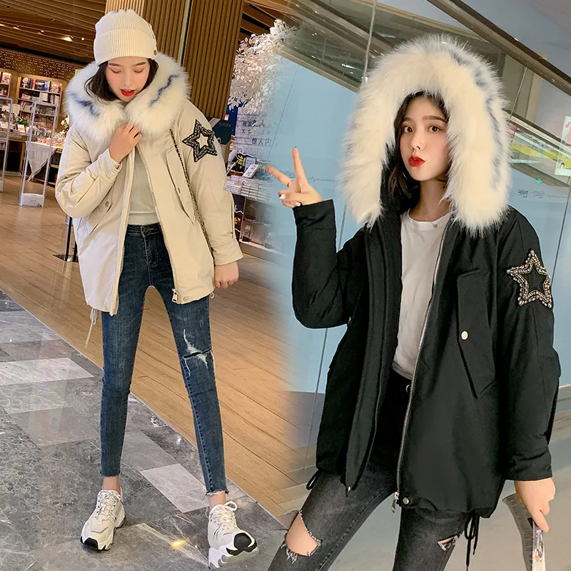 

2019 Winter New Style Korean-style Loose-Fit Students Large Fur Collar Plus-sized down Coat down Jacket Cotton-padded Clothes Co