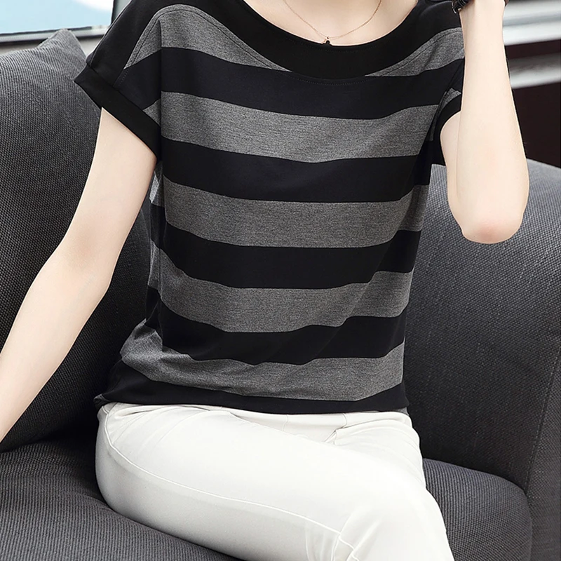Summer Women Loose T-Shirt V-Neck Simple Stripe Short Sleeve Solid Color  Casual Comfortable Top 