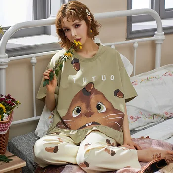 

Women's pajamas set summer 2020 new cute cartoon loose home service short sleeve cotton material nine points pants suit