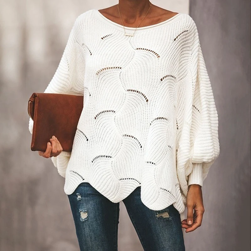 Модный женский вязаный свитер с рукавами «летучая мышь», однотонный пуловер с круглым вырезом и джемпер, свободный свитер - Цвет: white