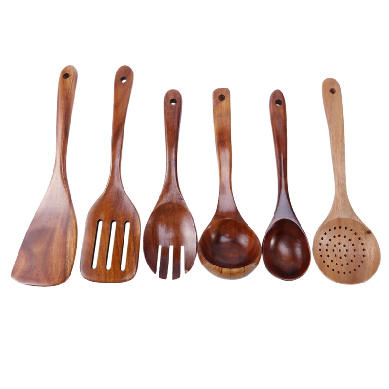 

Wooden Utensils Set Of 6, Large Kitchen Cooking Utensil For Non Stick Cookware, Natural Teak Wood Spoons Spatula Ladle Colander,