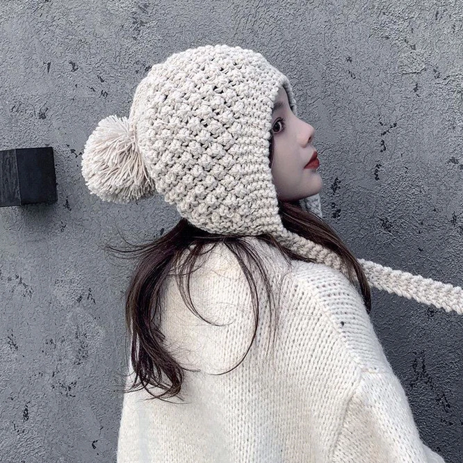 

Autumn Winter Ear Protection Hat Women's Warm Knitting Tassel Baotou Girl Outdoor Leisure Solid Color Retro Student White