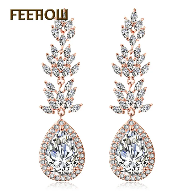Женские Висячие серьги FEEHOW свадебные вечерние с фианитом в форме капли