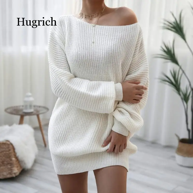 

Off Shoulder Knitted Sweater Dresses for Women 2020 Autumn Winter Lantern Long Sleeve Dress Ladies Casual Dress Pink White Gray