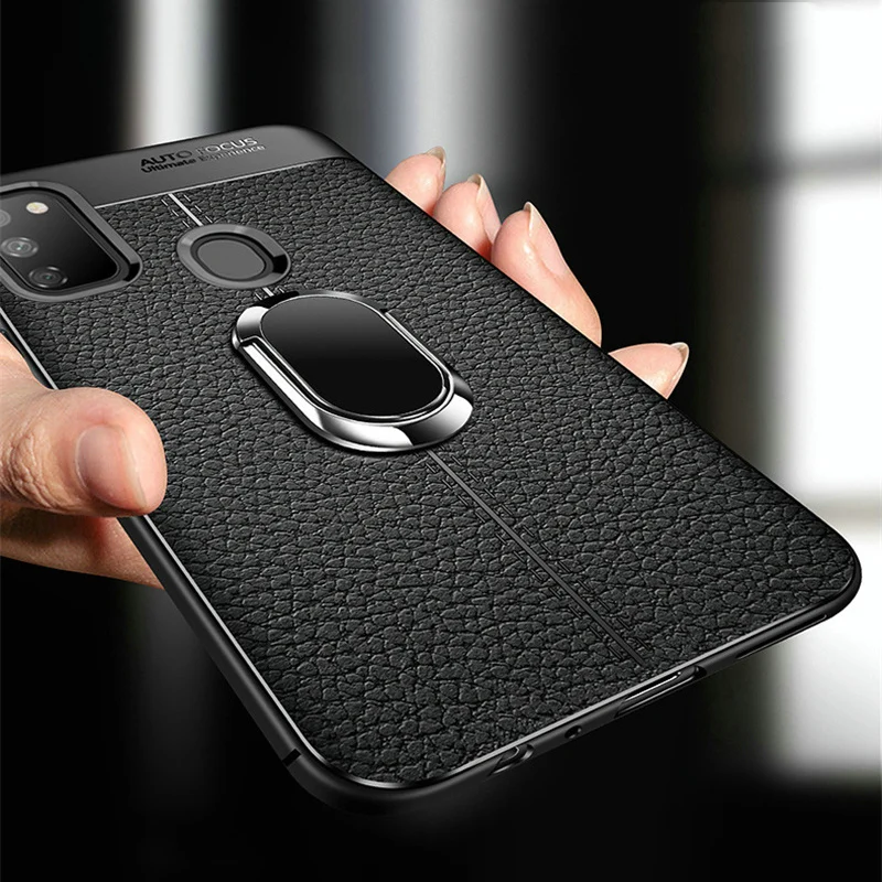 

For Samsung Galaxy M30S M30 M20 M10 M40 Case Leather Texture Soft Silicone Cover Magnetic Ring Holder
