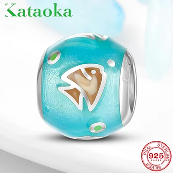 

Top quality 925 Sterling Silver Cyan enamel with fish Fit Original European Braceletl Charms Beads fine Jewelry Making for women