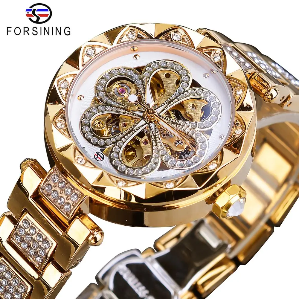Forsining Mechanical Women Watch Top Brand Luxury Diamond Female Watches Automatic Gold Stainless Steel Waterproof Ladies Clock