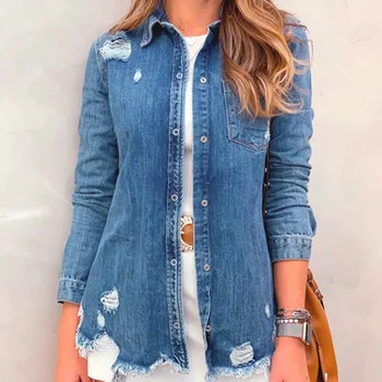 

Women Tassel Hole Jeans Slim Jacket Coat 2019 Autumn Casual Slim Long Sleeve Denim Top 2019 New Fashion