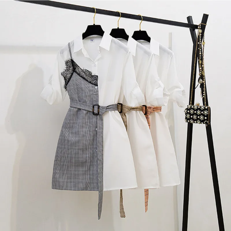 

2019 Summer Fashion Streetwear Short Sleeve lace-trimmed Patchwork Plaid Shirt Dresses Belt Single-breasted Casual Short Dress
