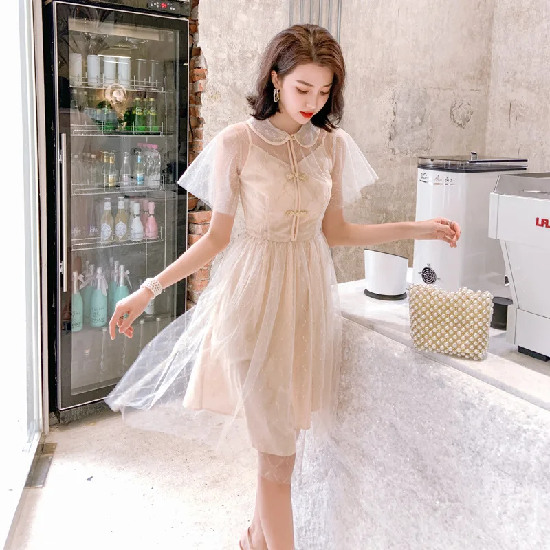 

Women's Dress 2020 Spring Summer Improved Cheongsam Doll Collar Waist Dress Sexy Lace Hollow Dress